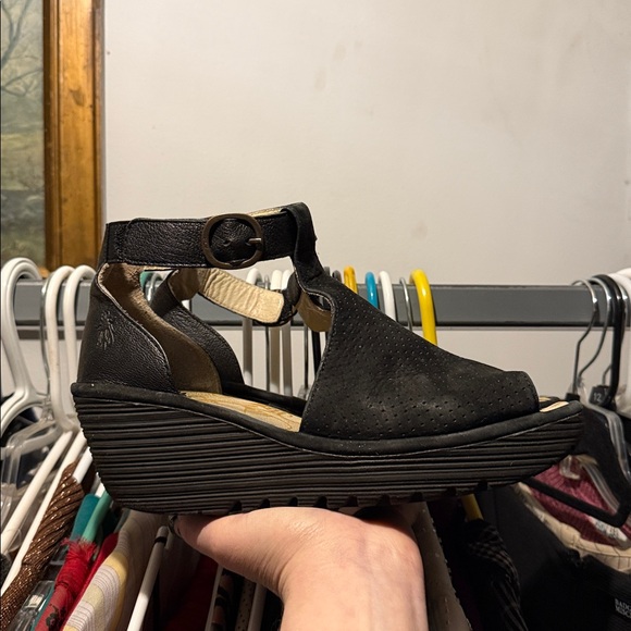 FLY London Black Peep-Toe Wedges - Picture 2 of 4